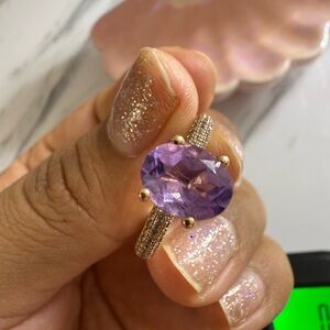 Engagement ring rose gold 14k diamonds natural amethyst